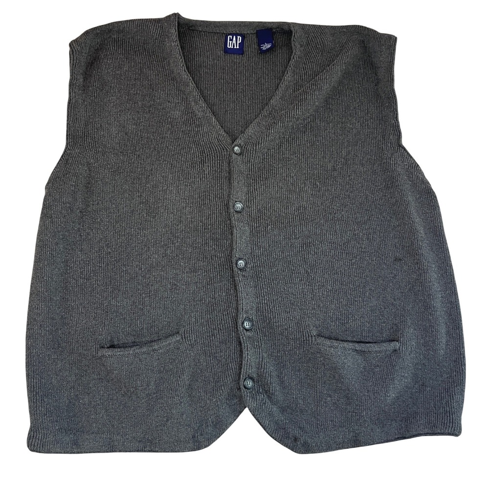 Y2K Gap Mens Large Gray Cotton Ribbed Knit Button Front Sweater Vest‎ Chandler